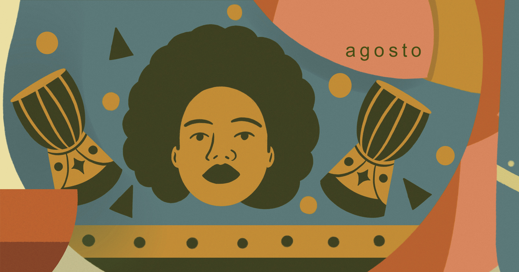 La ilustración tiene en el centro el rostro de una mujer afrodescendiente rodeada por dos tambores y otros elementos. 